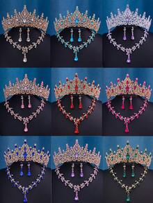 Bộ trang sức cô dâu phong cách Baroque gồm vương miện, vòng cổ và bông tai, phụ kiện đội đầu bằng thủy tinh, đính đá pha lê lấp lánh sang trọng, thích hợp cho đám cưới, sinh nhật, mùa hè. - Nhiều màu - Xem 2