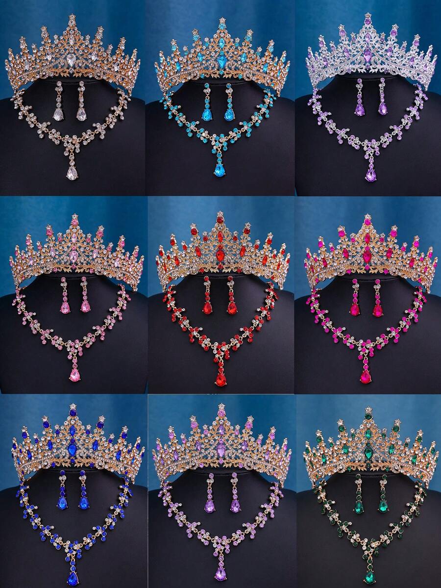 Bộ trang sức cô dâu phong cách Baroque gồm vương miện, vòng cổ và bông tai, phụ kiện đội đầu bằng thủy tinh, đính đá pha lê lấp lánh sang trọng, thích hợp cho đám cưới, sinh nhật, mùa hè.