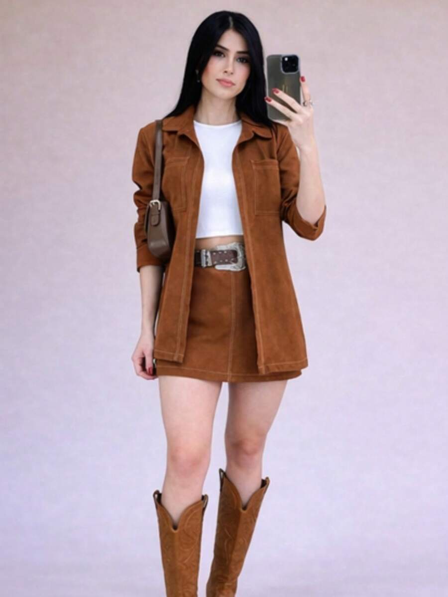 Women's Set Long Sleeve Shirt And Marrant Skirt Sensory Boho Casual Cute Luxury Elegant - 駝色 - 查看 1