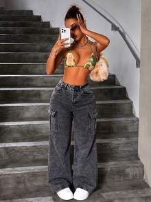 Straight-Leg Jeans In Washed Smoke Gray Denim With Multiple Pockets And Elastic Butt-Lifting Effect - Grey - View 5