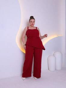 Women's Plus Size Tailored Set Consisting Of A Blouse And Wide-Leg Trousers C3090-2 - 酒紅色 - 查看 6