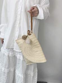 Bolso sobre de paja, diseño de solapa arqueada minimalista, bolso de hombro versátil y fresco, bolso pequeño tejido de playa con diseño de nicho, bolso bandolera/clutch con decoración de pompones - Beis - Ver 11