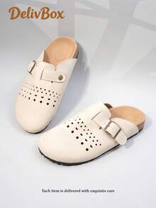 1 đôi giày mule nữ màu be khoét lỗ kiểu retro thường ngày - Màu be - Xem 3