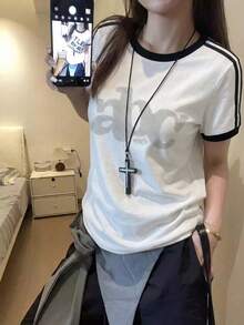 美式复古风三色袖字母圆点印花白色短袖T恤 运动街头风百搭女式短袖上衣 - 白色 - 查看 1