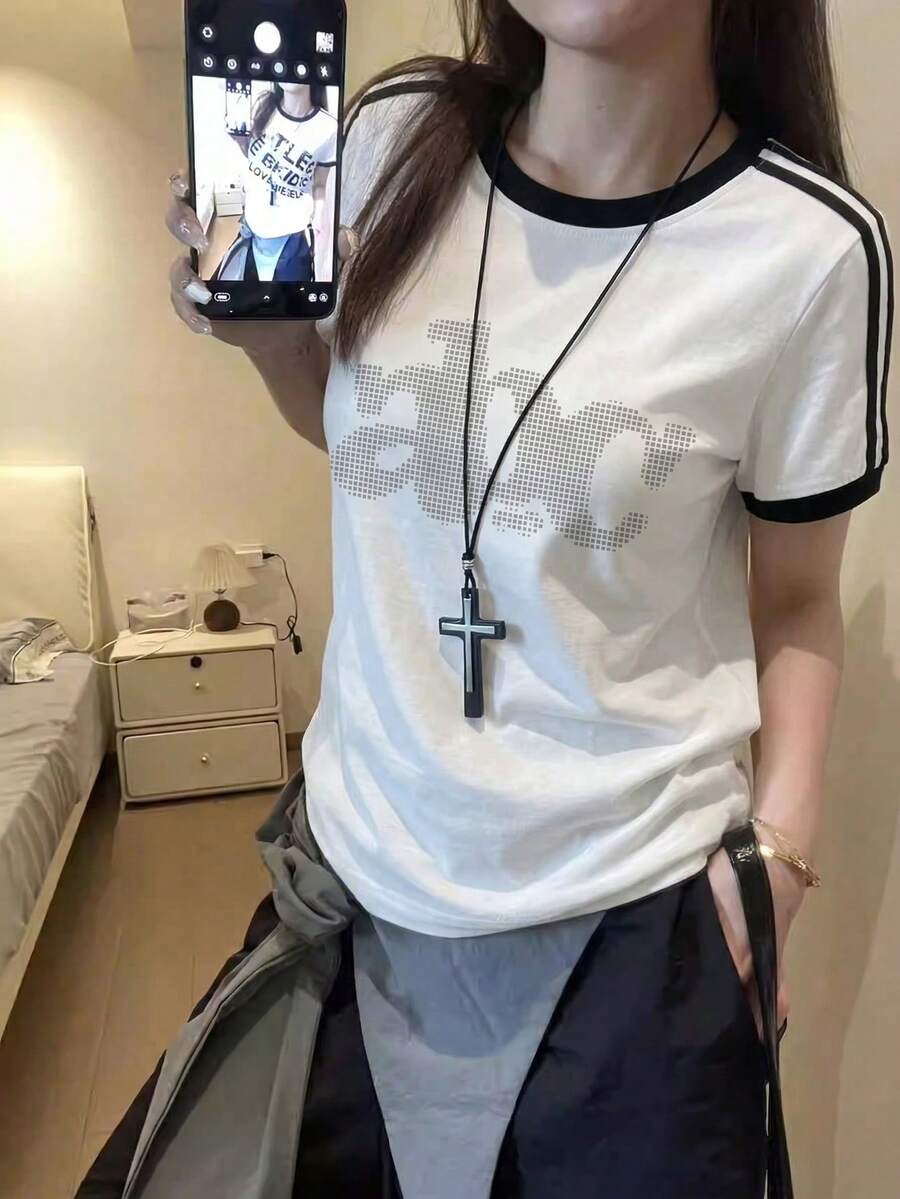 美式复古风三色袖字母圆点印花白色短袖T恤 运动街头风百搭女式短袖上衣 - 白色 - 查看 1