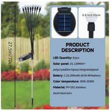 2/4-Piece Solar-Powered Firefly String Lights,8 Lights, IP65 Waterproof Rating, Solar Decorative Lighting For Patios And Yards, Outdoor Garden Path Lights,Made Of Weather-Resistant Plastic, Easy To Install (Mounting Accessories Included) - 暖白光 - 查看 9