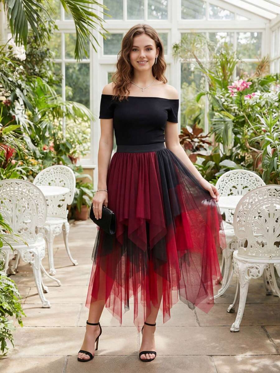 Skirts For Women,Renaissance Period Tulle Asymmetrical Skirt, Halloween Victorian Era Role-Playing Costume Layered Versatile Fairy Skirt High And Low Asymmetrical Hem Skirt Mesh Layered Skirt - 黑紅色 - 查看 1