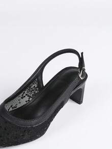 Women's Black Lace Slingback Block Heels, Pointed Toe Mesh Sequin Pumps For Evening Party & Office - Black - View 7