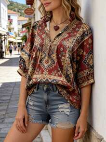 女士休闲度假复古碎花荷叶边花瓣袖宽松V领短袖衬衫 夏季 - 紅色 - 查看 5