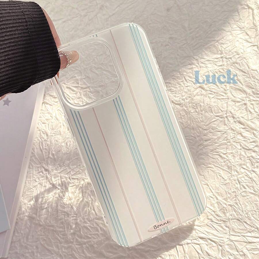 1个极简线条设计粉蓝竖条纹白色手机壳 - 兼容 17 Air、16、15、14、13、12、11 Pro Max Plus，简约时尚手机壳 - 白色 - 查看 1