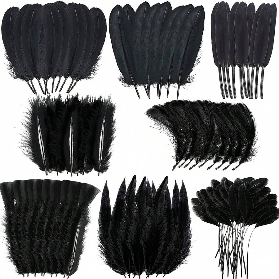 MARFOREVER 320 PCS Halloween Black Feathers Bulk, 8 Styles Assorted Mixed Natural Feathers Black Goose Feathers For DIY Crafts Dream Catcher Wedding Home Holiday Party Halloween Costume Decorations - Đen - Xem 1