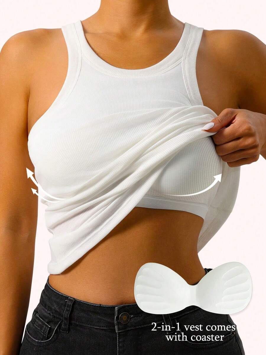 1 pieza Chaleco sin mangas acanalado casual-deportivo con portavasos incorporado, cuello de equipo, ajuste relajado - Blanco - Ver 1