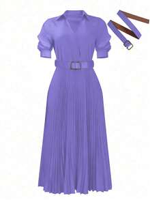 Spring/Summer Slim Fit Elegant Lady Style Solid Color Pleated Dress With Belt, Short Sleeve Dress, Lightweight Breathable Polyester Fabric - Lilac Purple - View 7