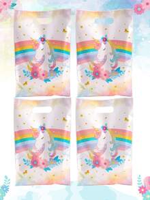 10/20/50 Stücke Regenbogen Einhorn Geschenktüten, Blumen Einhorn Design Plastik Geschenkverpackungstüten mit Griffen, perfekt für Mädchen Einhorn Thema Erste Geburtstags Party Zubehör, Baby Dusche Leckereientüten - Verschiedenfarbig - Übersicht 5