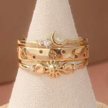 3pcs/Set Sun Moon Star Zirconia Stackable Rings, Vintage Elegant Women's Party Gift - Gold - View 3