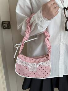 Túi đeo vai xếp ly chấm bi bằng nylon mới với viền ren dành cho nữ - Màu xanh nhạt - Xem 12