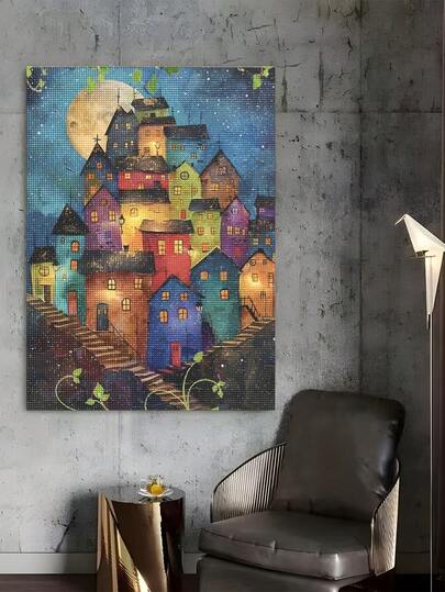 5D DIY Pintura de Diamantes | Conjunto de Arte de Diamantes de Aldea Colorida y Caprichosa a la Luz de la Luna, Casas de Colinas Arcoíris Vibrantes con Ventanas Brillantes, Luna Llena Brillante en Noche Estrellada, Decoración de Pared de Cuento de Hadas Acogedora. Kits de Pintura de Diamantes DIY para Adultos, Crea Arte de Pared Único, Disfruta de la Diversión Relajante Hecha a Mano, Regalo Perfecto para Amigos y Amantes de la Artesanía.