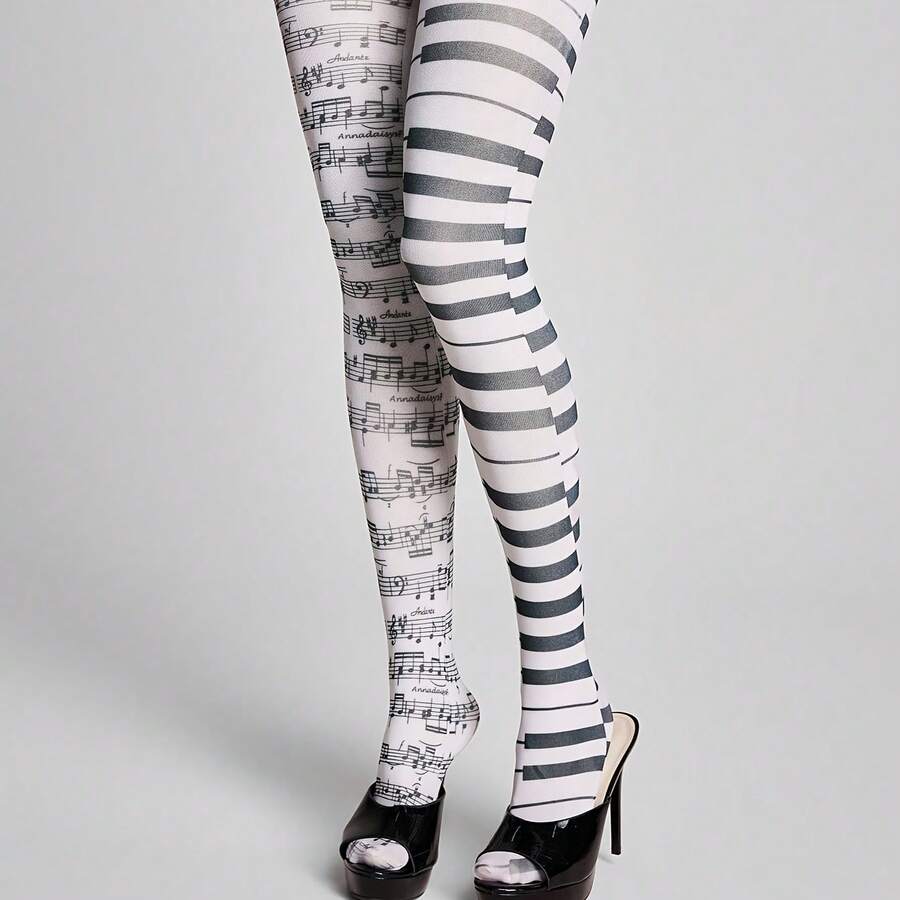 Women's Asymmetrical Piano Key And Note Pattern Tights, Japanese Lolita Style, Delicate, Sweet, And Versatile Socks.Soft And Essential For Warmth. - Piano Keys, Notes, Black and White - View 1