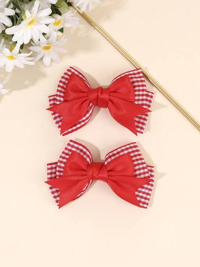 2个红白格纹蝴蝶结发夹，布艺分层格纹发卡，时尚发饰，适合女孩派对礼物，学院风，适合上学、日常佩戴、野餐等场合。
