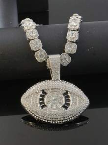 Bling Bling Devil's Eye Pendant Necklace Set, Cubic Zirconia Embellished Cuban Chain Necklace, Unisex Hip Hop Style - Evil Eye Pendant Necklace - View 4