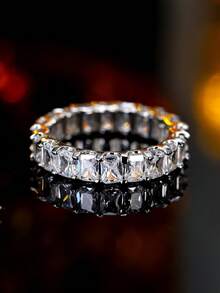 1 Stück minimalistischer Stil komplett besetzter trapezförmiger kubischer Zirkonia Verbindungsring, lässiger täglicher Modeschmuck für Frauen - Ring - Übersicht 2