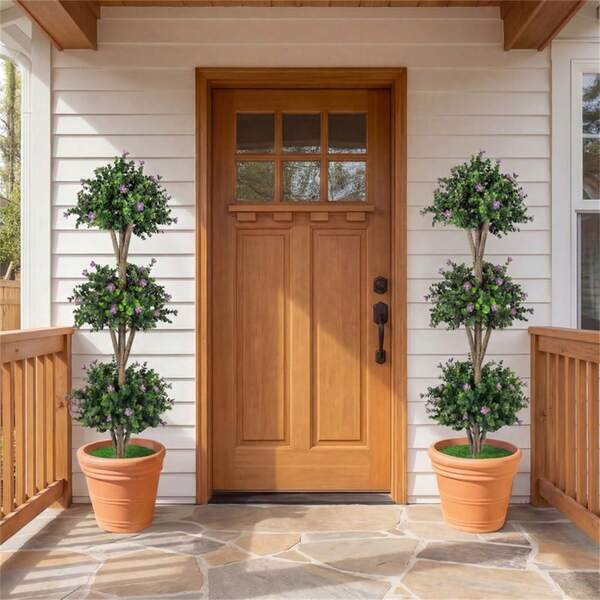 51 Artificial Boxwood Topiary Tree With 59 Flowers, Realistic Faux Evergreen Plant - Purple