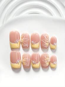 10pcs Gentle French Manicure Set, Includes Polygel Nail Kit, Hand-Painted Yellow Hollow Gradient Floral Nail Decor, White Pearl Decor, Suitable For Wedding Nails, Yellow Nail Polish, With Nail Tools (1 Jelly Sticker + 1 Nail File), Available In 3 Sizes: Square, Short Square, Almond, Suitable For Parties, Daily Wear, Events, Photography, Spring/Summer Commute - Nhiều màu - Xem 4