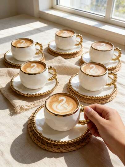 6件套复古镀金珍珠边意大利浓缩咖啡陶瓷杯碟套装，包含咖啡杯和碟子，可放入洗碗机清洗。适用于酒店、餐厅、家庭使用、桌面装饰、下午茶、咖啡、花草茶、个性化礼品、纪念品、厨房用品、派对、生日、婚礼、周年纪念、情人节、母亲节等场合。