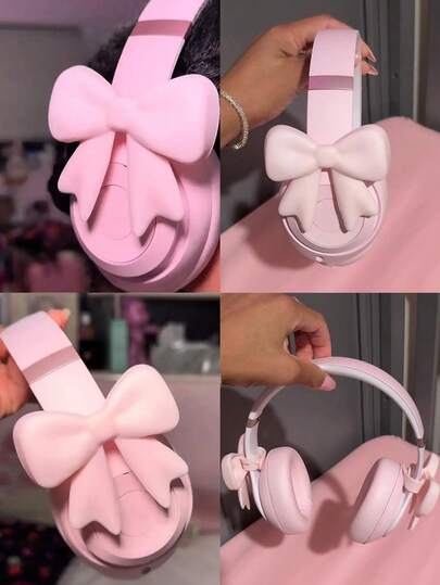 2个可爱粉色蝴蝶结耳机配件，柔软通用耳机装饰挂件，卡哇伊风格，适合游戏女孩和主播，完美的游戏玩家礼物