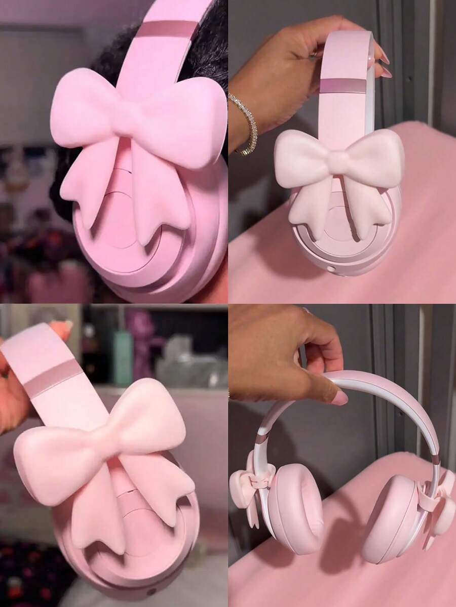 2个可爱粉色蝴蝶结耳机配件，柔软通用耳机装饰挂件，卡哇伊风格，适合游戏女孩和主播，完美的游戏玩家礼物