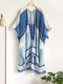 1 pieza Chal con abertura de estilo bohemio, prenda exterior casual para mujer, capa con flecos para protección solar, decoración de viaje, adecuado para vacaciones, sesiones de fotos, días festivos, toalla de playa - Azul - Ver 6