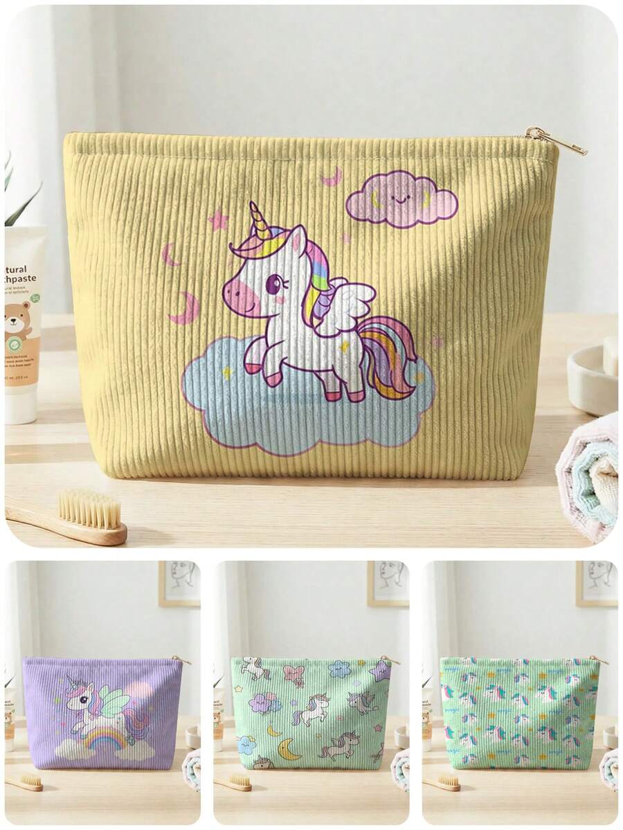 1pc Cartoon Horse Print Large Capacity Lightweight Versatile Cosmetic Bag, Corduroy Toiletry Makeup Bag For Lipstick, Brushes, Skincare, Phone, Coins, Small Items, Suitable For Home, Gift, Vacation, Holiday, Multifunctional Pouch For Teenagers, School, Back To School Supplies, Makeup And Toiletry Storage, Dorm Room Organizer - Multicolor - View 1