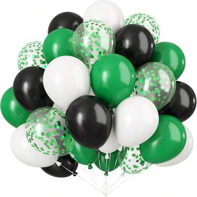 35/55 piezas Globos de látex negros, verdes y blancos de 10 pulgadas, incluye cintas verdes y globos con confeti, adecuado para fiestas temáticas, cumpleaños, baby showers, despedidas de soltera, bodas, aniversarios, fondos para fotos y talla grande decoraciones interiores/exteriores