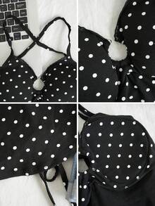 Áo croptop hai dây hở lưng gợi cảm hình trái tim chấm bi, có đệm ngực, thích hợp cho hẹn hò, đi chơi, đi làm, ngày Valentine, kỳ nghỉ. - Nền đen có chấm trắng - Xem 9