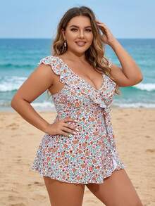 Plus Size Fresh Ditsy Floral Skirted Two Piece Swimsuit - V-Neck Ruffle Top With Waist Tie Modest Tummy Control Swimwear - Multicolor - View 3