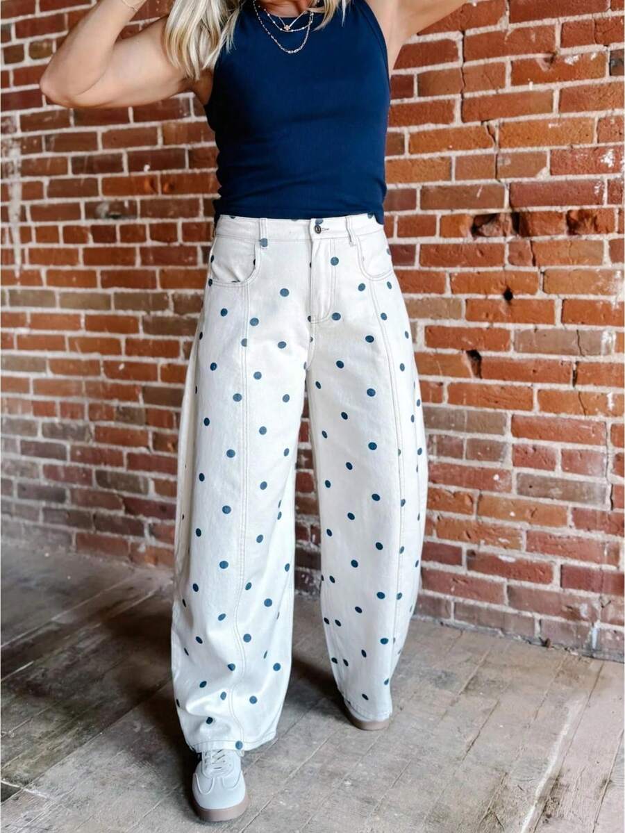 Pantalones vaqueros de mujer estilo barril con estampado de lunares, pantalones vaqueros sueltos de primavera, pantalones casuales holgados, pantalones de moda de pierna ancha - azul cielo - Ver 1