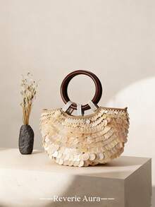 白色时尚度假风女士手提包，手工编织亚克力贝壳装饰，圆形珍珠手柄，适合搭配各种时尚服饰，糖果沙滩风，旅行必备。 - 米色 - 查看 4