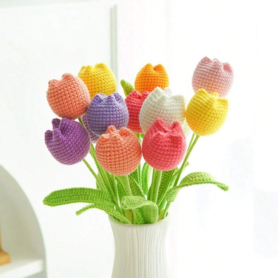 1pc/5pcs Crochet Tulip Bouquet And Durable Handmade Artificial Everlasting Flower Bouquet, Fade-Resistant, Lifelike, Suitable For Wedding Planning, Home Decor, Graduation Gifts, DIY Crafters, Mother's Day, Teacher's Day, Birthday, Valentine's Day Gifts And Party Decorations, Best Ideal Choice