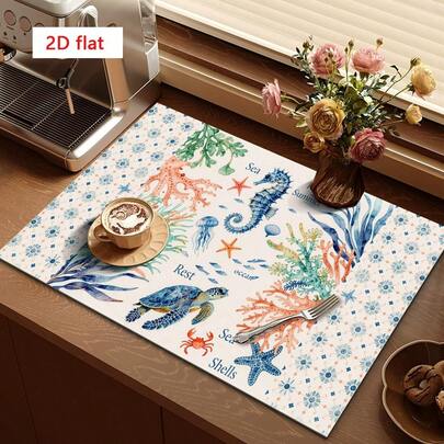1 tấm lót thấm hút nước hình cá ngựa và rùa biển, thích hợp cho bàn ăn và quán cà phê, tấm lót thoát nước đa năng, quà tặng gia đình, trang trí bàn làm việc.