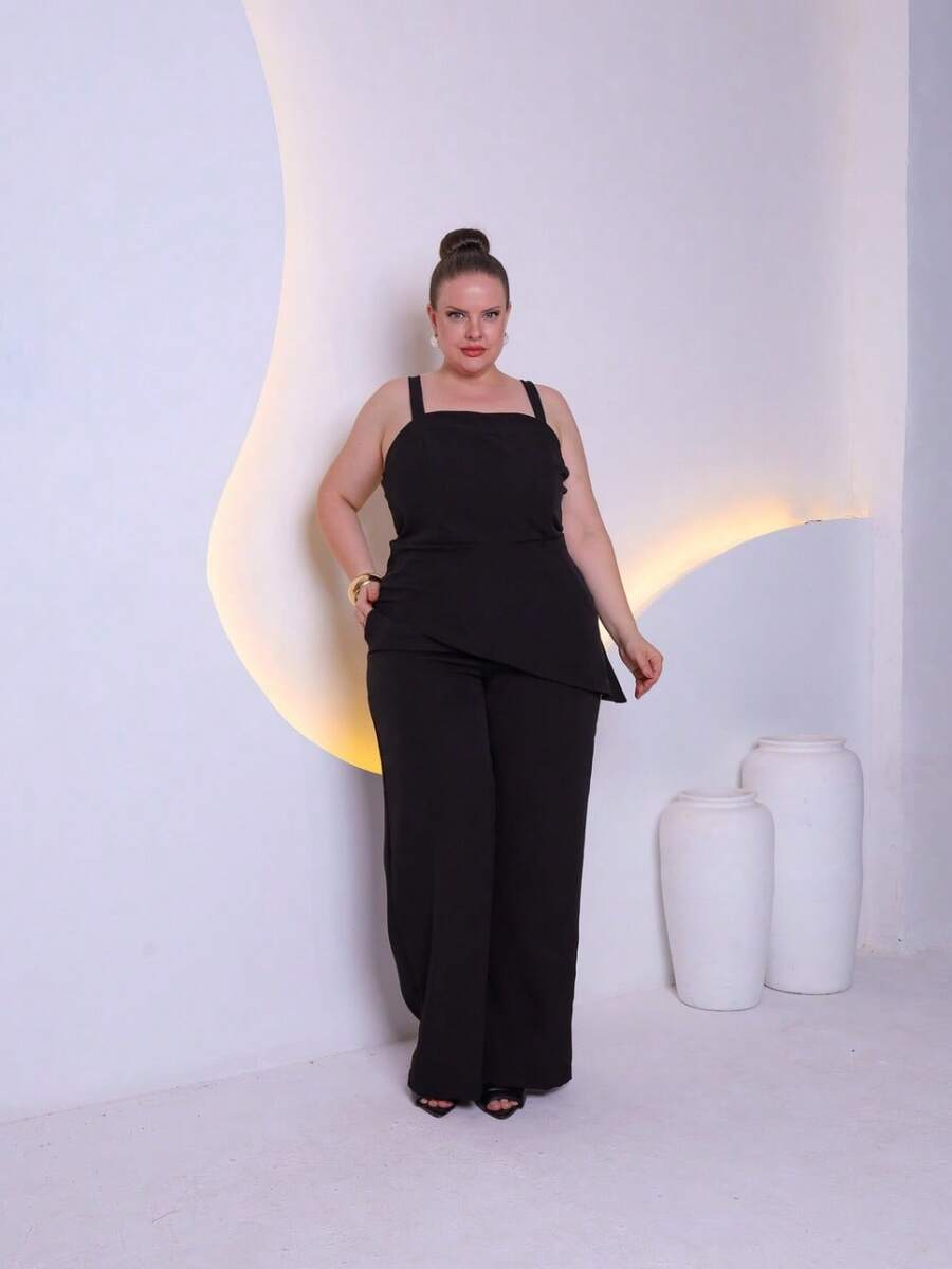 Women's Plus Size Tailored Set Consisting Of A Blouse And Wide-Leg Trousers C3090-2 - الأسود - مشاهدة 1