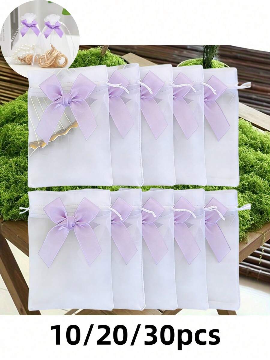 30个/20个/10个/1个带蝴蝶结的紫色欧根纱袋，3.5x4.7英寸欧根纱首饰袋，束口袋，婚礼回礼袋，礼品包装袋，礼品袋，家居用品，尼龙收纳袋，节日派对用品，婚礼用品，礼品装饰包装，小型包装袋，情人节批量礼品，派对回礼袋 - 白色歐根紗紫色蝴蝶結 - 查看 1