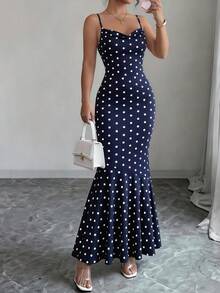 Women's Summer Dress, Polka Dot Spaghetti Strap Cowl Neck Bodycon Wedding Cocktail Mermaid Maxi Dress - 深藍底白點 - 查看 3