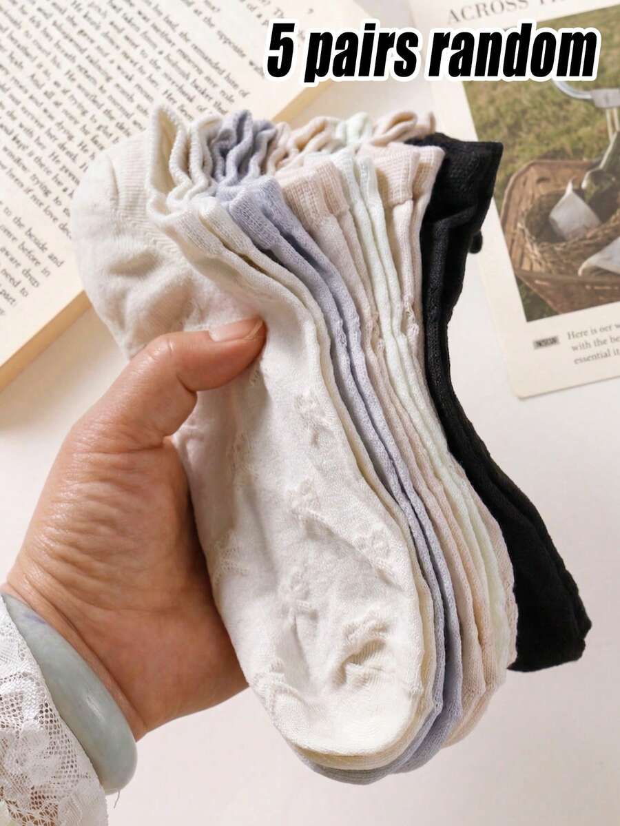 5 Pairs Women's Invisible Socks, Black & White Butterfly Pattern Mid-Calf Socks, Suitable For All Seasons, Comfortable & Breathable, Random Color Assortment - Multicolor - View 1