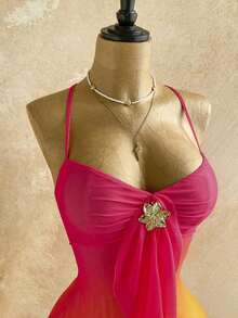 Women's Vacation Mini Dress With Sunset Ombre, Ruffle Trim, And Metallic Floral Decor, Suitable For Beach, Cruise, City, Holiday, Date, Afternoon Tea, Music Festival, Boho, All Seasons, Everyday Wear Swimsuit Dress For Women Beach Outfits For Woman, Short Beach Dress,Beach Cruise Vacation Set, Casual Vacation Outfit, Beach Vacation Outfit,Island Vacation Outfit,Party Outfit,Retro Dress,Retro Outfit, Music Festival Outfit,Boho Vacation,Valentine's Day Outfit,Beach Cruise Vacation Outfit ,Summer Dress,Beach Vacation Outfits For Women - 亮橙色 - 查看 5