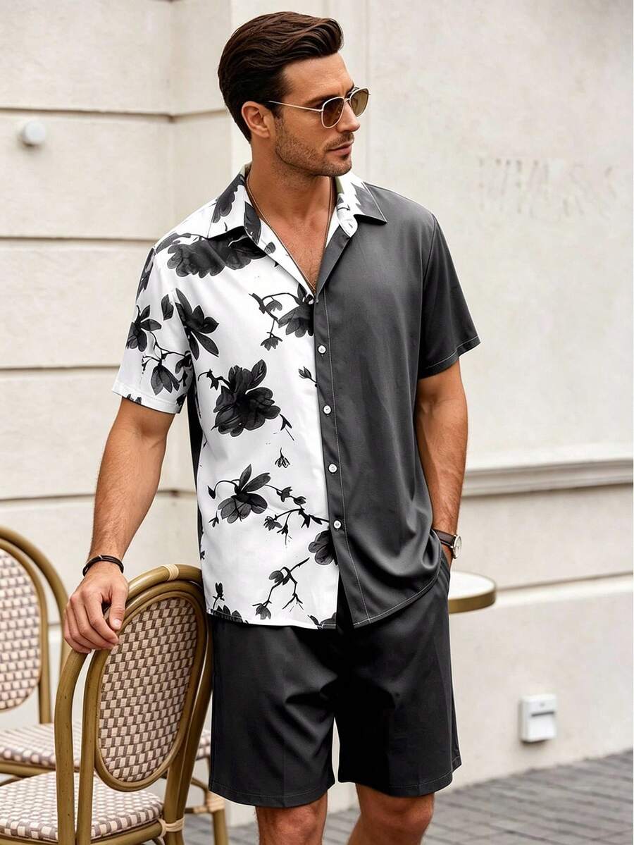 Conjunto de Camisa Estampada de mangacorta para hombre - Gris Oscuro - Ver 1