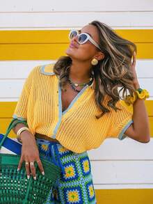 Women's Short Sleeve Knit Polo Shirt, Contrast Color Trim, Button Detail And Hollow-Out Design, Loose And Comfortable Summer Casual Wear, Versatile Street Style - Yellow - View 6