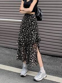 Asymmetrical Chiffon Ditsy Floral Skirt, Summer Plus Size High Waist A-Line Mid-Length Slit Skirt For Women Vacation Black - Black - View 4