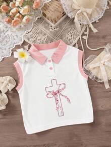 女童花朵蝴蝶结交叉印花 Polo 衫无袖背心，夏季新品 - 彩色 - 查看 1