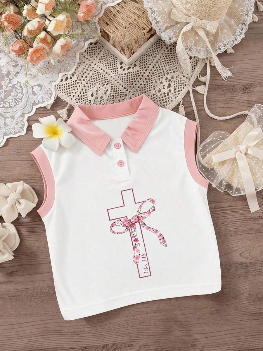 女童花朵蝴蝶结交叉印花 Polo 衫无袖背心,夏季新品 - 彩色 - 查看 1