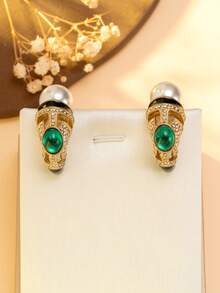 1 par de pendientes de estilo de corte vintage con gemas verdes para mujer, pendientes huecos de perla y oro retro, pendientes de botón de lujo tipo esmeralda, accesorios para vestidos de banquete - Multicolor - Ver 4